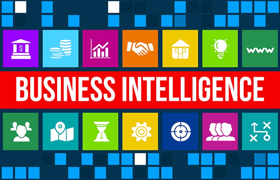 Business intelligence concept image with business icons and copyspace.