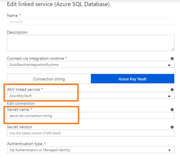 AzureDB and AzureBlobStorage services are integrated with Key Vault