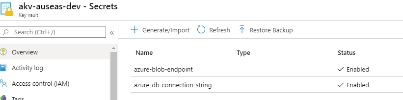 Blob end point and Azure DB Connection string in each Key Vault